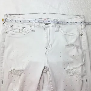 True Religion Curvy Skinny White Distressed Crystal Jeans Size‎ 34 thumbnail 5