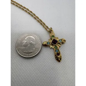 Vintage Premier Designs Gold Tone Multi Color Rhinestone Cross Necklace 18 Inch thumbnail 4
