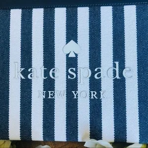 Kate Spade Blue White Stripe Canvas Zip Pouch Leather Trim NWT thumbnail 4