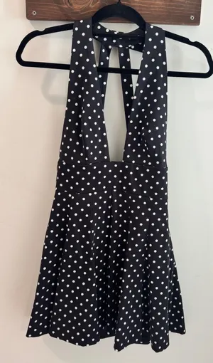 Zara Polka Dot Cape Skirt Halter Mini Dress Black White Deep V-Neck Small thumbnail 1