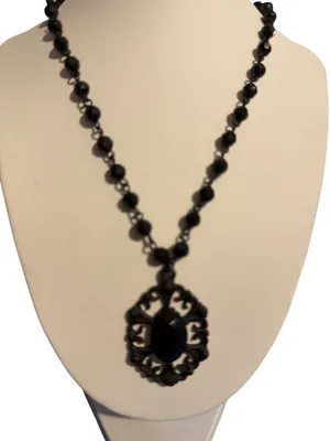 Black Gothic Beaded Necklace Pendant Faceted Gemstone Mourning Acrylic 16" Emo thumbnail 1