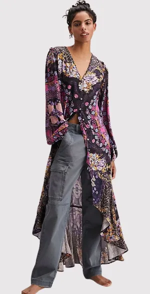 Free People Womens Dress Purple Marais High Low Floral V Neck Flowy Boho Small thumbnail 1