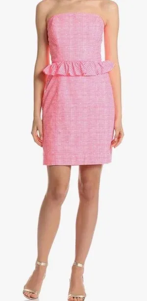 Lilly Pulitzer Pink Gingham Strapless Peplum‎ Mini Dress Size 0 Cotton Preppy thumbnail 1
