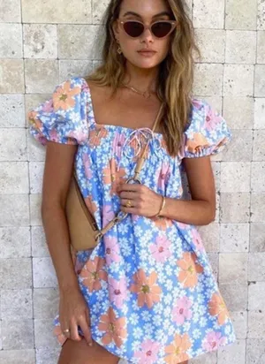 Sabo Skirt Blue Orange Pink Sky Floral Bambina Mini Puff Sleeve Dress Small thumbnail 1