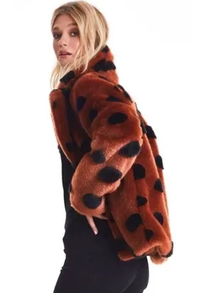 ICHI GINGERBREAD BROWN Faux Fur Coat With Abstract Accents Sz 40 Large NWT thumbnail 11
