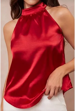 SheIn Amorya Solid Halter Neck Ruched Elegant Satin Blouse thumbnail 1