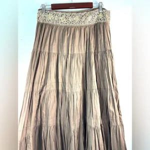 BCBGMaxAzria S Cotton Tiered Brown Embellished Beaded Waist Midi Skirt thumbnail 7
