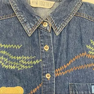 Vintage Embroidered Teddy Bear Chambray Denim Button Down Shirt Blue thumbnail 4