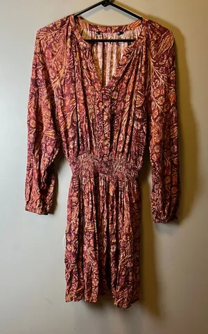 Peruvian Connection Adria Dress Burgundy Gold Floral V‎ Neck Raglan Sleeve Small thumbnail 1
