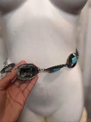 Western Southwestern Turquoise Concho Chain Belt Silver Metal Boho Festival Wome thumbnail 4