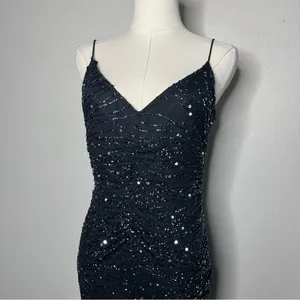 Vintage Scala Black Fully Beaded 100% Silk Whimsigoth Midi Evening Dress Wedding thumbnail 3