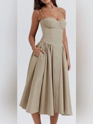NEW House OF CB Samaria Corset Fit & Flare Midi Dress Taupe sz L thumbnail 5