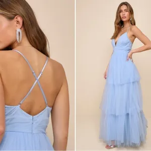 LULU's Prom Sexy Tiered Ruffles Boho Chic Blue Maxi Dress NWOT thumbnail 3