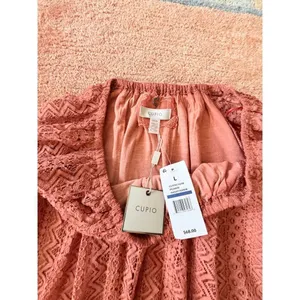 Cupio Lace Off Shoulder Peasant Blouse Pink Bell Sleeve Boho Top L NWT thumbnail 2