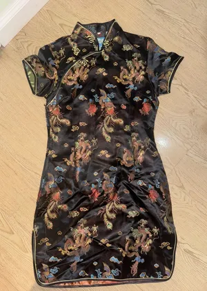 Fu Tang Dragon Phoenix Embroidered Satin Cheongsam Qipao Dress Black Medium thumbnail 1
