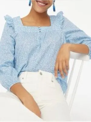 J Crew Factory Squareneck ruffle top puff sleeve blue cornflower white size S thumbnail 1