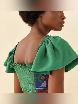 Nwt Farm Rio Embroidered Green Linen Boho Smocked Flutter Sleeve Crop Top Xl thumbnail 5