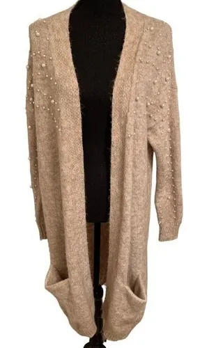 Long Duster With Pearl Accents Tan Size‎ Small thumbnail 1