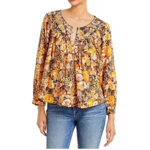 Free People We The Free Small COOL MEADOW Printed Floral Top Orange Earthy Boho thumbnail 2