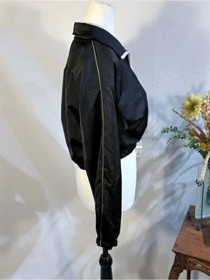 💥Polly Cropped Windbreaker Jacket Black White Zip Toggle Hem Lightweight S/M💚 thumbnail 6