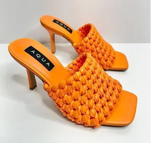 AQUA‎ Woven Sandals Size 7 Orange High Heel Open Square Toe NEW thumbnail 1