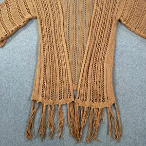 Easel Crochet Open Knit Duster Cardigan Small/Medium Brown Fringe Boho thumbnail 5