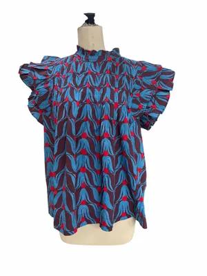 Oliphant Pintuck Blue and Burgundy Floral Ruffle-Sleeve Blouse large thumbnail 2