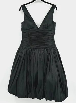 I ssue Black Ruched Taffeta Bubble Hem Dress Women 6 V Neck Y2K Cocktail Party thumbnail 1
