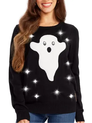 Tipsy Elves Black Light up Sweater with White Ghost Graphic 2x thumbnail 1