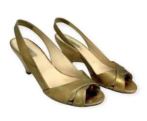 PRADA | US 8.5 / IT 38.5 | Metallic Gold Leather Peep-Toe Slingback Pumps thumbnail 5