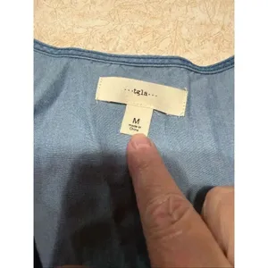 TGLA Chambrey denim tank top flowy, cropped silhouette pom-pom trim along the he thumbnail 4