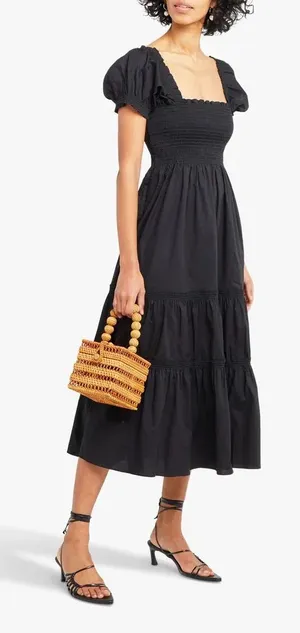 OPT Daphne Square Neck Smocked Dress Puff Sleeves Midi Black 100% Cotton Large thumbnail 1