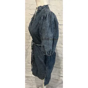Rebellion denim puff sleeve button down short shirt dress with a tie waist S thumbnail 3