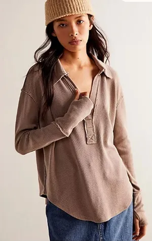 Free People We The Free Anakin Thermal Top Women Sz M Brown Tan Collar Casual‎ thumbnail 1