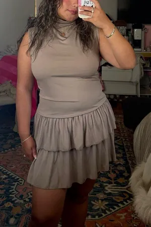 Brown mini dress bubble style layered skirt mock neck fall style short neutral dress thumbnail 1