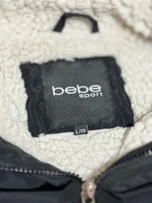 Bebe Sport Womens L Black Windbreaker Jacket Sherpa Lined Hood Full Zip Bomber thumbnail 3