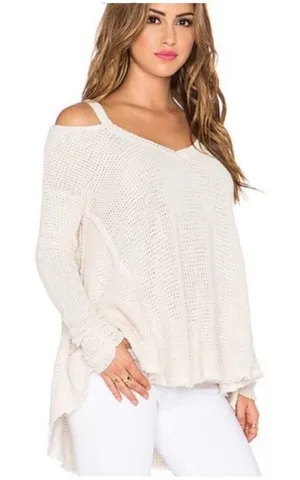 Free People Womens Sunrise Cold Shoulder Waffle Knit Sweater Cream Size‎ XS thumbnail 1