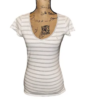 Women's Ralph Lauren Sport Striped Short Sleeve Tee, Size M, White/Grey thumbnail 1
