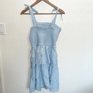 Sincerely Jules Light Blue Smocked Tiered Floral Tank Top Tie Strap Mini Dress thumbnail 9