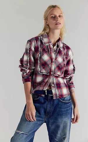 We The Free Free People Georgia Plaid Embroidered Button Down‎ Ruffle Shirt NWT thumbnail 1