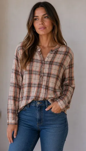 Grace + Karma Plaid Pintuck Blouse Sz S Rust Tan Cotton Country Chic Western thumbnail 1