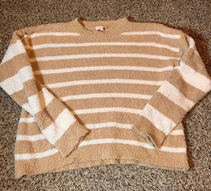 Pink Lily Medium Striped Fuzzy Pullover Sweater Tan‎ Cream Comfy Soft thumbnail 1