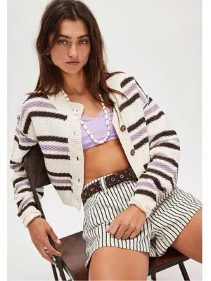 Free People Lila Stripe Cardi Cardigan Sweater in Lavender Ivory Combo Size XL thumbnail 1