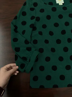 Maeve by Anthropologie Green and Black Polka Dot Blouse 3/4 Sleeves Size Small thumbnail 2