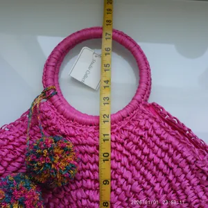 Studio Collection Straw Boho Beachy Tropical Pom Pom Round Circle Tote Bag Pink thumbnail 7