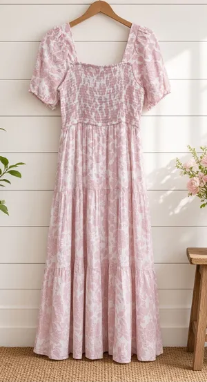 Soft Pink Floral Smocked Midi Dress Puff Sleeves Last One Size Medium thumbnail 1
