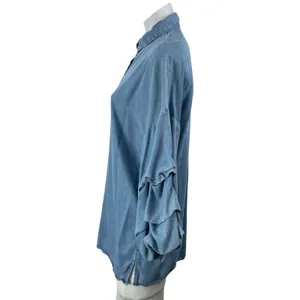 Zara Women's Blue Long Sleeve Ruched Denim Jean Button Down Shirt Top Size M thumbnail 2