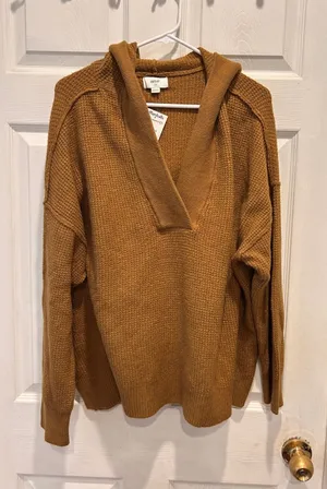 Aerie Womens Mustard Yellow Waffle Knit Oversized V-Neck Pullover Hoodie L/G NEW thumbnail 1