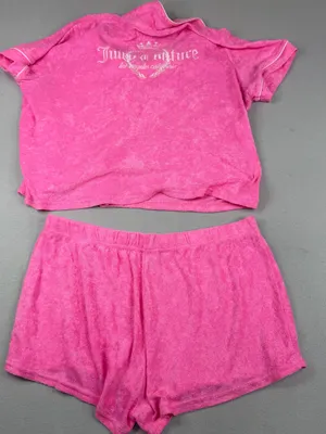 Juicy Couture Terry Cloth Pajama Set Womens L Hot Pink Y2K Logo Shorts thumbnail 4