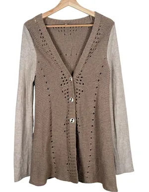 Free People‎ Wool Blend Lace Back Pointelle Cardigan Sweater Taupe Womens Small thumbnail 1